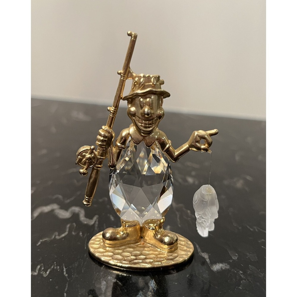 Vintage Manon 1984 Clown Fisherman With Crystal Belly & Fishing Pole Gold 2.75"